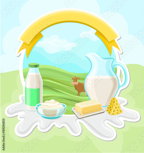 Dairy farm products, rural landscape with cow vector illustration, design element for poster or banner with ribbon and space for text