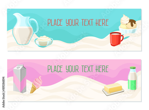 Dairy products, fresh organic milk products vector illustrations, colorful design element for poster or banner with space for your text