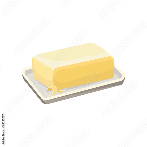 Butter on a white plate, dairy product cartoon vector Illustration