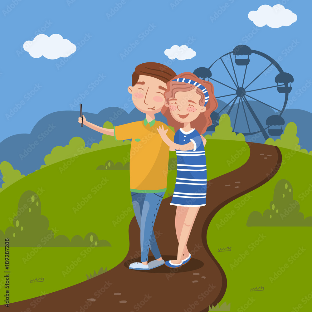 Couple in love making selfie in front of ferris wheel, summer landscape vector illustration, design element for poster or banner
