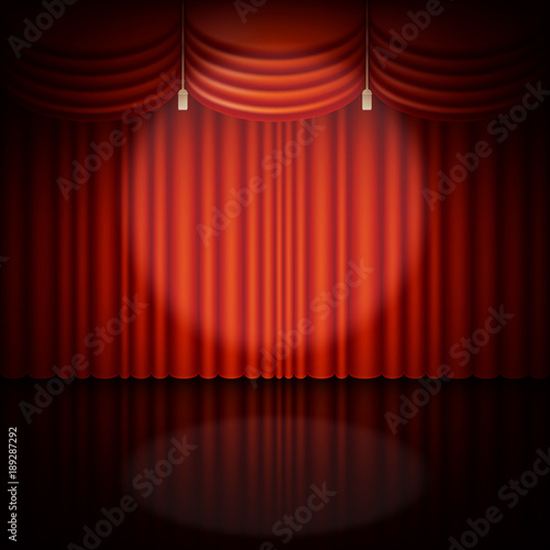 Spotlight on stage and red curtain. EPS 10 vector