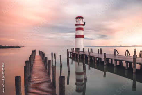 Lighthouse with Beautiful Pink Sky in Podersdorf at Neusiedl Lake, Austria