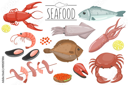 Seafood set, fish products for the fish market or restaurant vector illustrations in cartoon style