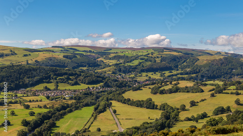 Denbighshire landscape with Llangollen in the background, seen from the Panorama Walk, Denbighshire, Wales, UK photo