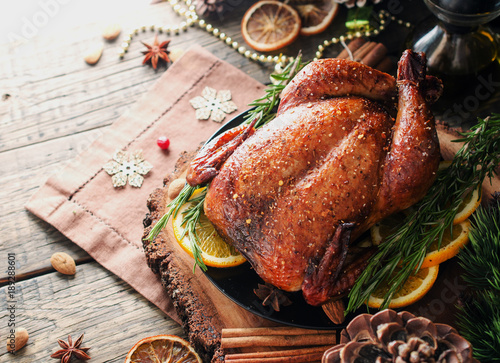 Baked turkey for Christmas Dinner or New Year space for text
