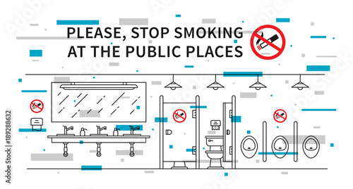 Public restroom no smoking vector illustration with colorful elements. Stop smoking sign at the public place line art concept.