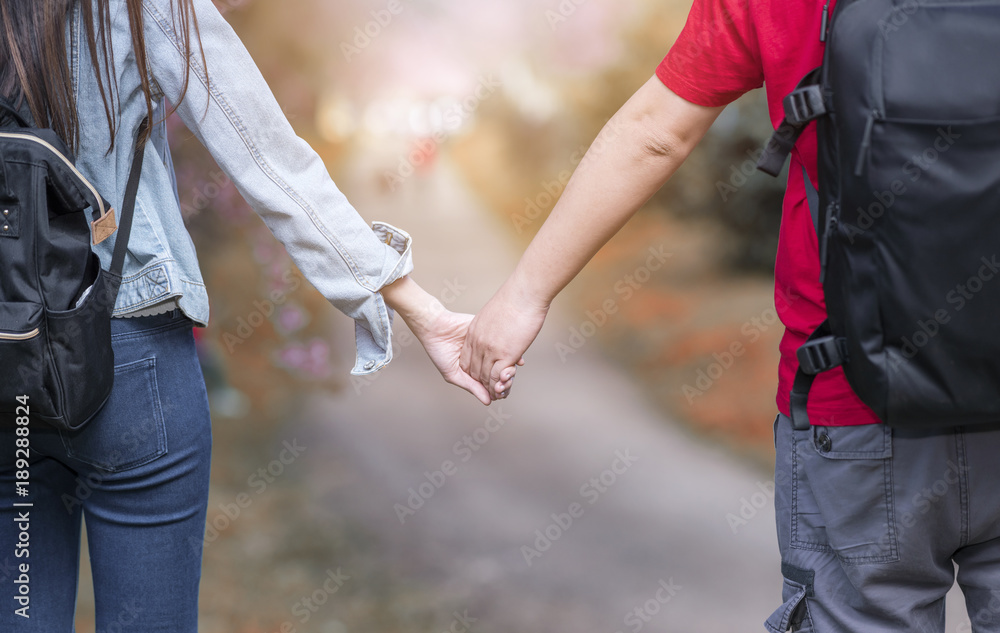 Obraz premium Young couple walking in the autumn park holding hands and looking in the sunset