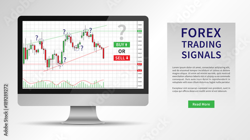 Forex Trading Signals vector illustration. Investment strategies and online trading signals on desktop computer concept. Buy and sell indicators on the candlestick chart graphic design.