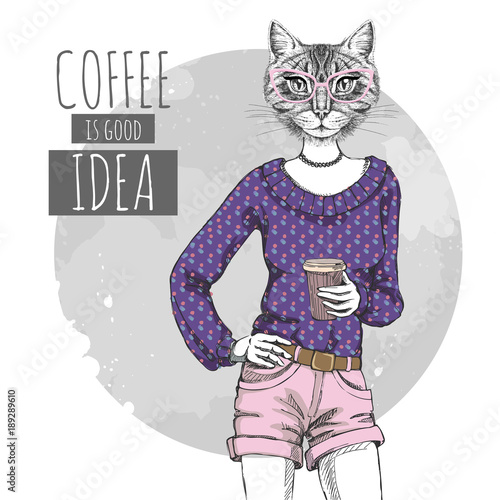 Retro Hipster fashion animal cat with coffee. Woman model