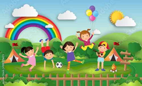 Illustration of kids summer camp education with children doing activities enjoy on camping daytime. Creative Idea paper art style. Vector