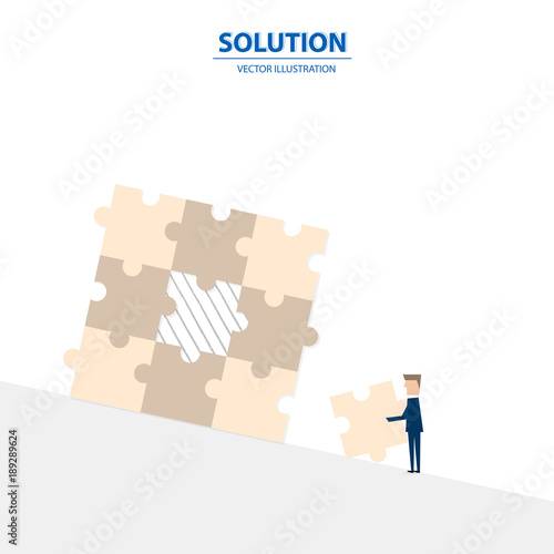 Businessman fulfill the puzzle by pieces together in a logical way, in order to arrive at the correct solution. Business concept of success, solution, management and decision.