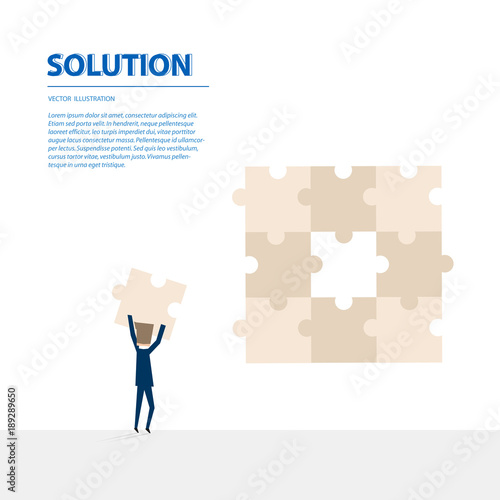 Businessman fulfill the puzzle by pieces together in a logical way, in order to arrive at the correct solution. Business concept of success, solution, management and decision.