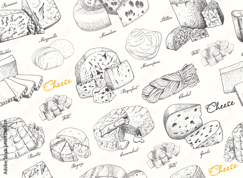 Seamless pattern with a variety of cheeses