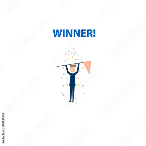 Fototapeta Naklejka Na Ścianę i Meble -  A man with a flag of success and congratulation colorful flakes. Business concept of success. Vector illustration.