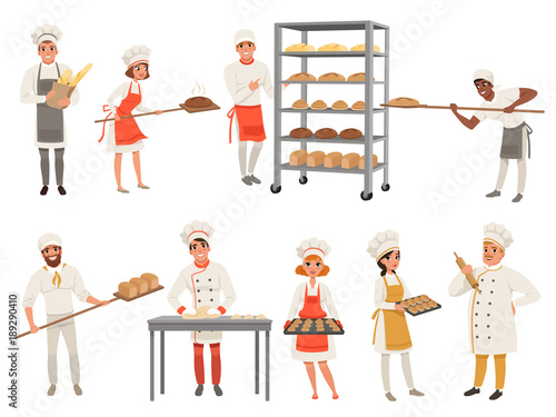 Bakers characters set with bread and cooking tools. Happy people in aprons and hats, young men and women in uniform working in bakery. Vector isolated on white.
