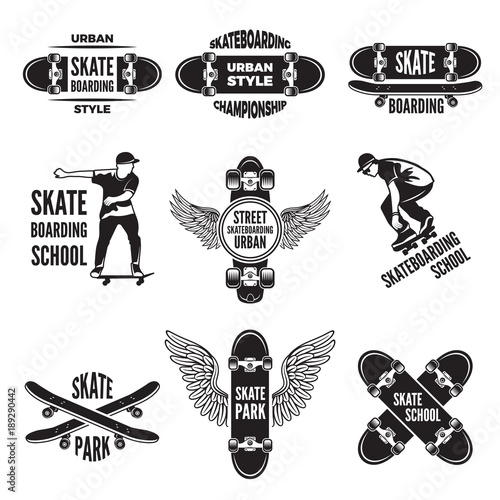 Monochrome labels of skaters. Pictures of skateboarding