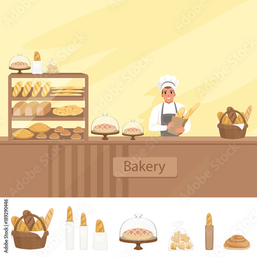 Bakery shop illustration with baker character next to a showcase with pastries. Young man standing behind the counter. Vector store background with design elements set.