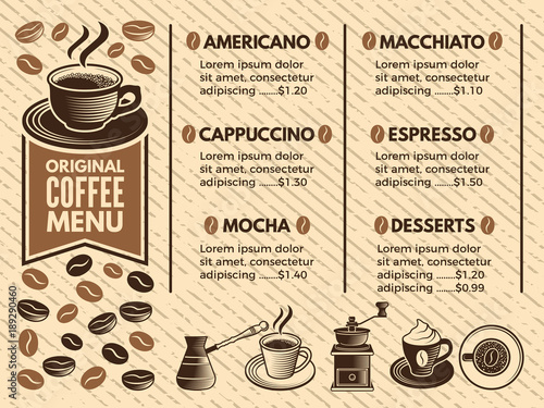 Invitation in cafe. Menu of coffee house. Pictures in vector style