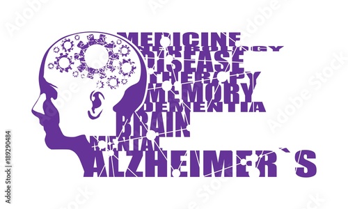 Abstract illustration of a human head . Woman face silhouette. Medical theme creative concept. Alzheimers disease tags cloud. Damaged gears in brain as symbol of mental disease