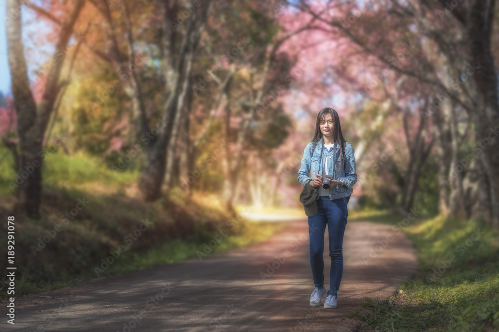 beautiful young woman holding travel camera on cherry blossom blur background beautiful young woman holding travel camera on cherry blossom blur background