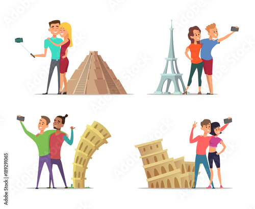 Happy couples make selfie near landmarks. Vector characters in cartoon style