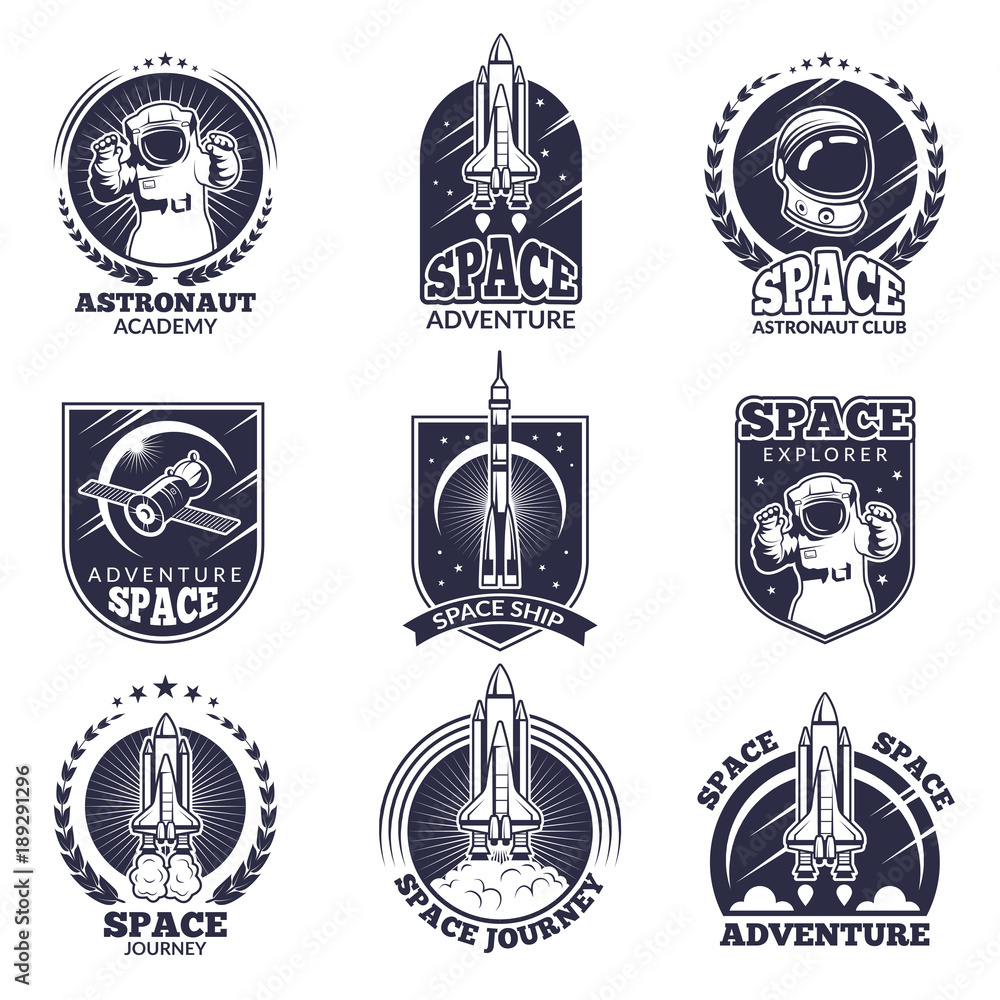Monochrome labels for astronauts. Vector badges templates with place for your text