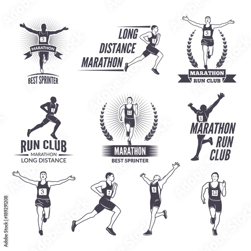 Sport labels at marathon theme for sport teams. Illustrations of athlete isolated