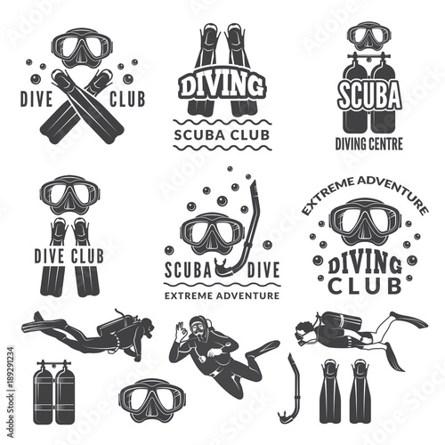 Silhouette of scuba and divers. Labels for sea sport club