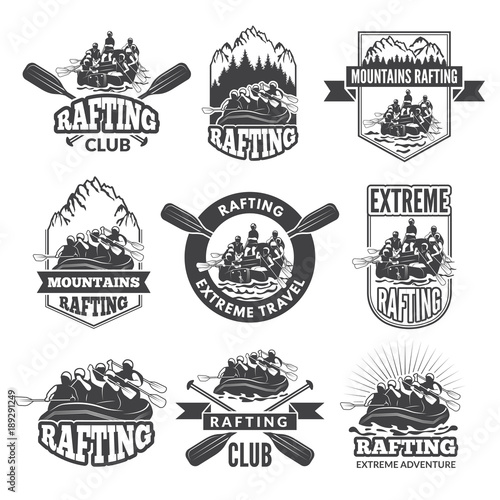 Vintage monochrome labels for dangerous water sports. Symbols of rafting. Pictures of kayak