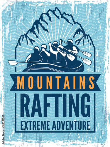 Poster for extreme sport club. Monochrome illustration of rafting. Canoe or kayak on sea