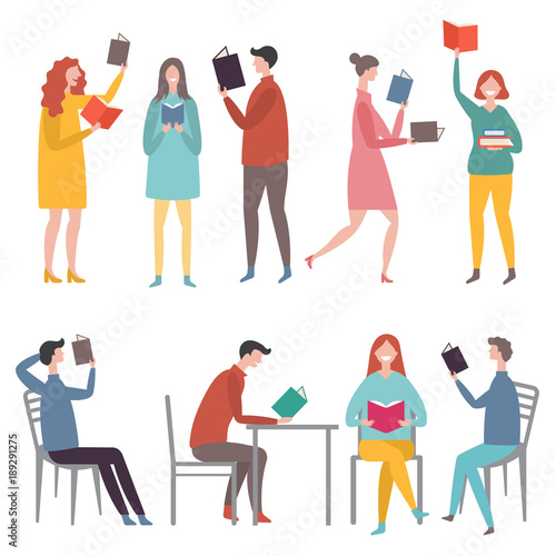 Male and female characters standing and sitting and reading books