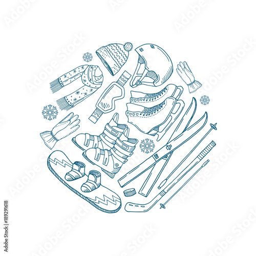 Vector hand drawn winter sports equipment circle concept