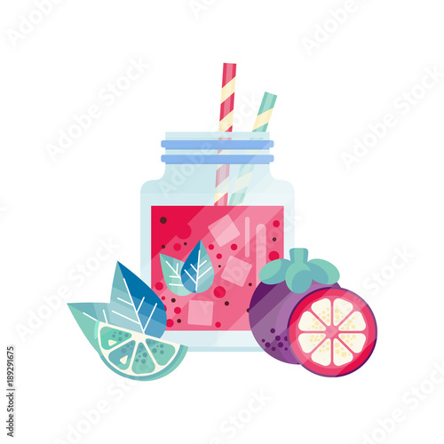 Smoothie with lime, grapefruit and mangosteen. Natural vegetarian drink. Refreshing cocktail in glass jar with ice cubes and drinking straws. Delicious juice. Flat vector