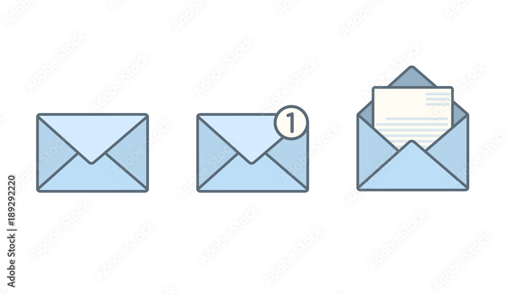 Set of blue flat envelopes with receive message signs. Close and open vector mail symbols with letter, notification signs for mobile app, web page design Set of blue flat envelopes with receive message signs. Close and open vector mail symbols with letter, notification signs for mobile app, web page design