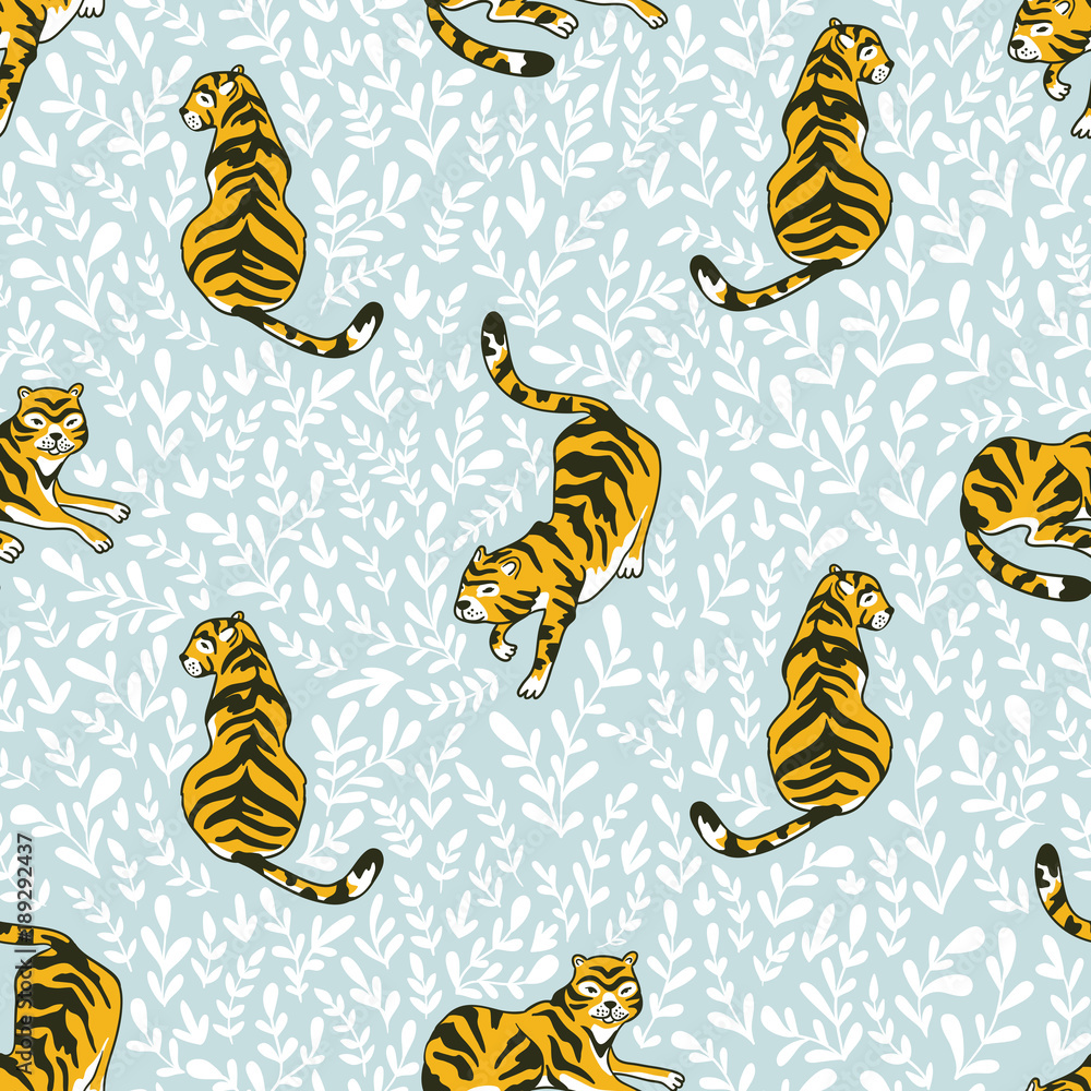 Vector seamless pattern with tigers and triangles isolated on the white background. Animal  background for fabric or wallpaper boho design.