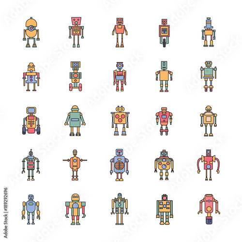 Robots cartoon Icons set. Vector illustration with mechanic and elecrtic robots in color cartoon style. Technology objects.