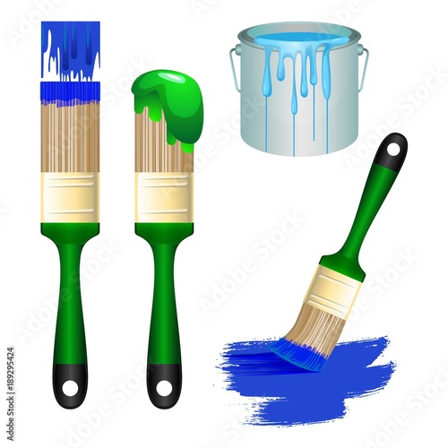 Thick brushes and bucket full of paint set