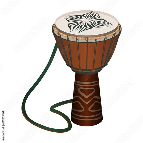 Authentic African wooden djembe with patterns and long rope