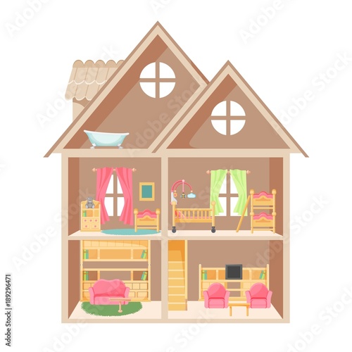 Doll house with two storeys and little furniture