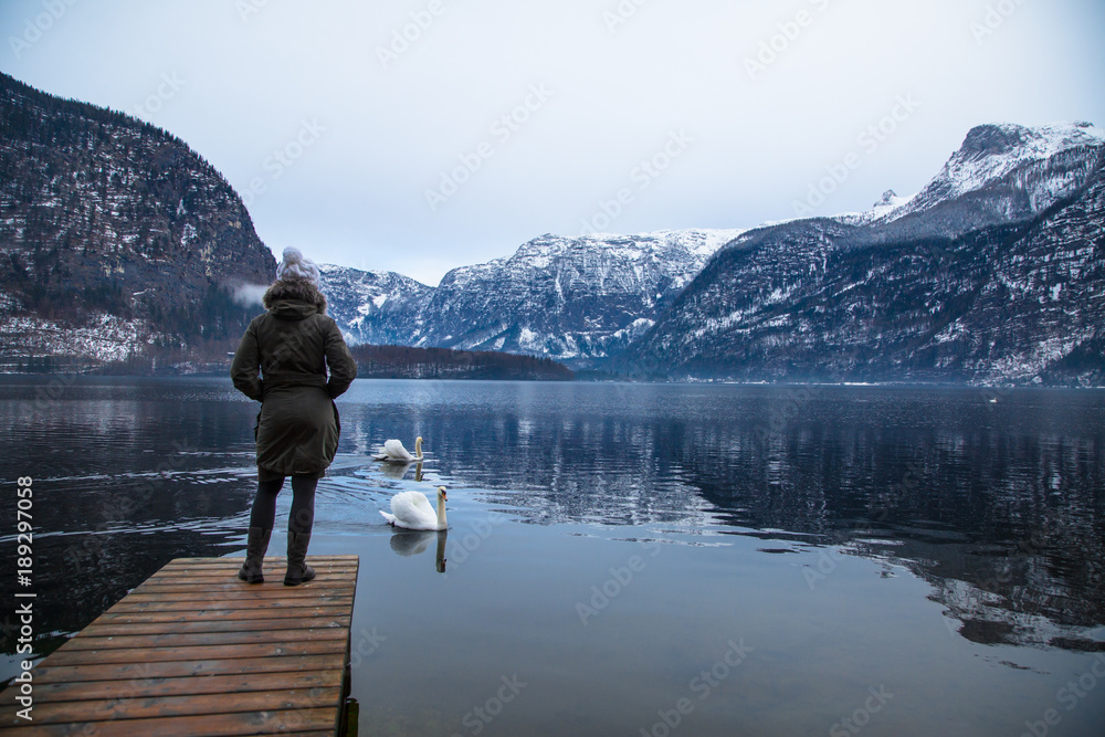 Winter View of Hallstatter See. Winter nature landscape.
