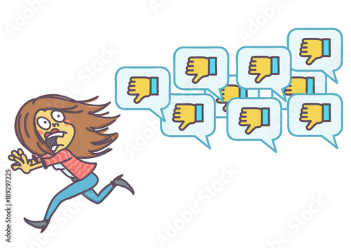 Scared woman running away from negative comments icons, vector cartoon of social network disapproval concept