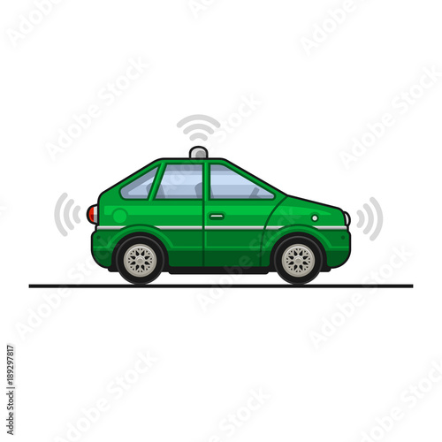 Green Smart Car Icon with Sensors and Radar. Vector