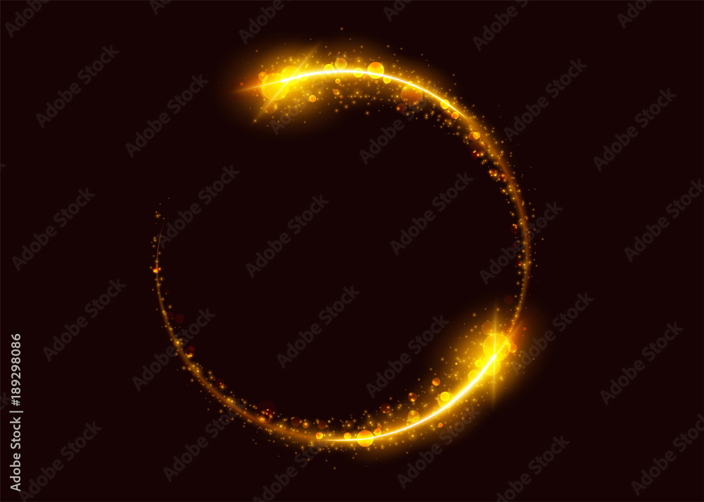 Magic Gold Light Effect. Glowing Circle with Light Trail. Abstract Luxury Round Frame with Sparkle, Flare, Glitter, Flash, Spark. Modern Festive Vibrant Illustration with Transparency. Isolated. Magic Gold Light Effect. Glowing Circle with Light Trail. Abstract Luxury Round Frame with Sparkle, Flare, Glitter, Flash, Spark. Modern Festive Vibrant Illustration with Transparency. Isolated.