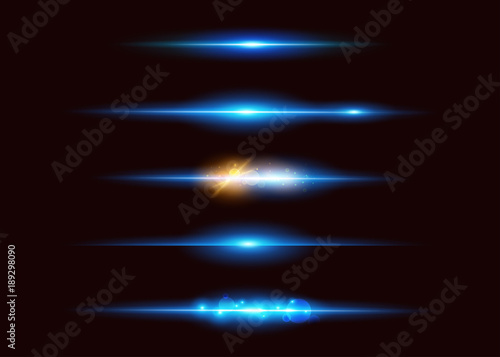 Set of Vector Neon Light Effects. Abstract Glowing Blue Line. UI Design Element. Transparent Lens Flare Effect. Futuristic Vibrant Glow for Game Design, Banner, Poster, Button.