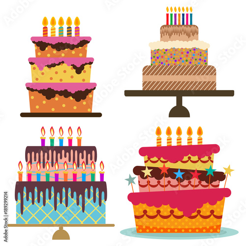 Set of four sweet birthday cake with burning candles. Colorful holiday dessert. Vector celebration background.
