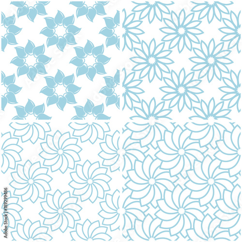 Floral patterns. Set of light blue elements on white. Seamless backgrounds