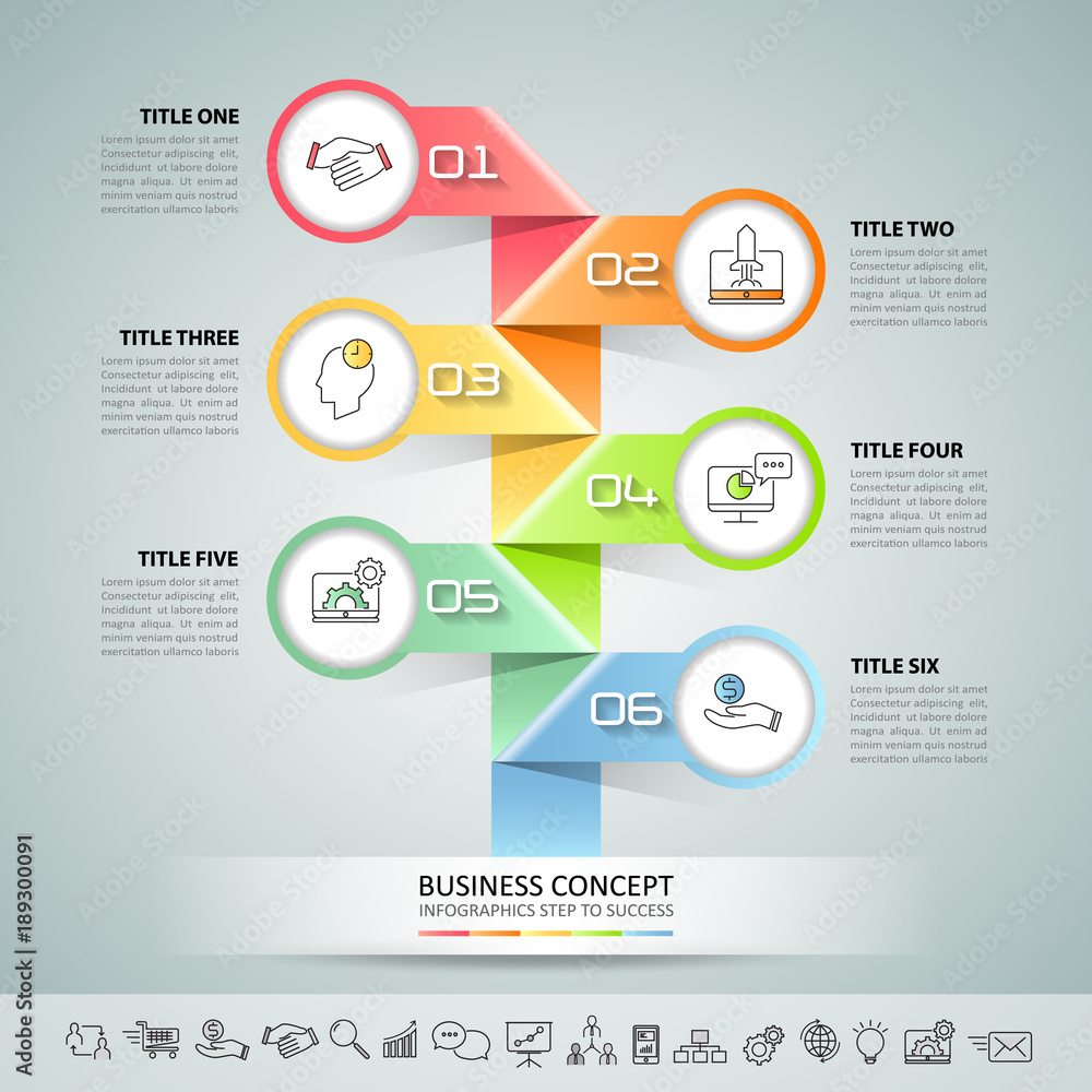 Business concept infographic template 6 steps, can be used for workflow layout, diagram, number options, timeline or milestones project. Business concept infographic template 6 steps, can be used for workflow layout, diagram, number options, timeline or milestones project.