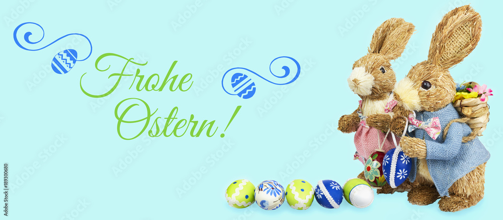 Frohe Ostern mit Osterhase Eier Hintergrund blau Frohe Ostern mit Osterhase Eier Hintergrund blau