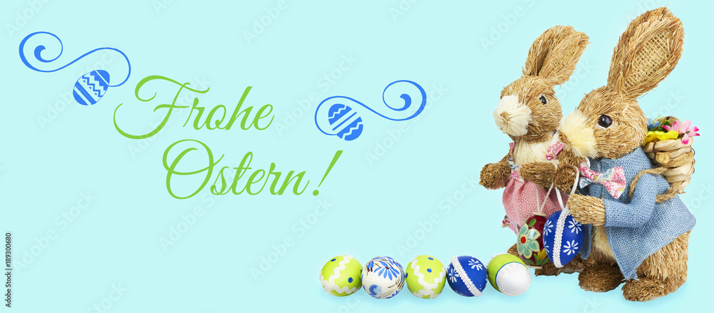 Frohe Ostern mit Osterhase Eier Hintergrund blau