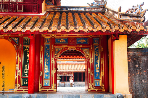 Part of tomb of Minh Mang Emperor in Hue, Vietnam. Old Chinese and Vietnamese architecture.